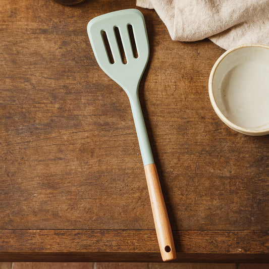 Nova Sage Green Silicone Slotted Turner With Wood Handle