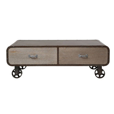 Natural Grain Finish Coffee Table with 2 Storage Drawers and 4 Wheels | Village Loft