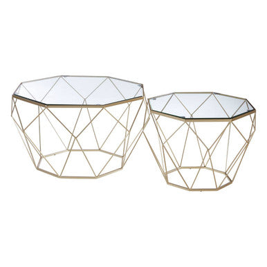 Set of 2 Gold Finish Geometric Design Side Tables with Tempered Glass Top | Arcana