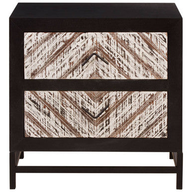 Black Wooden 2-Drawer Bedside Table with Chevron Pattern Drawer Fronts and Metal Handles | Lombok