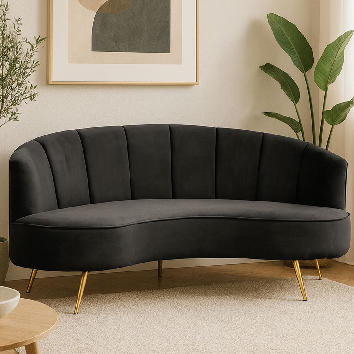 Hasna Three Seat Black Velvet Sofa