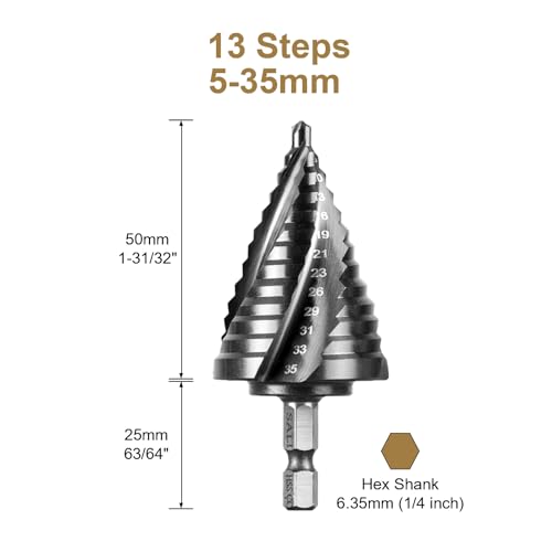 SALI M35 Hss Step Drill Bit 5-35mm Four Spiral Flute Cobalt Step Drill Bit 1/4" Hex Shank for Metal, Stainless Steel, Aluminum, Wood, Plastic