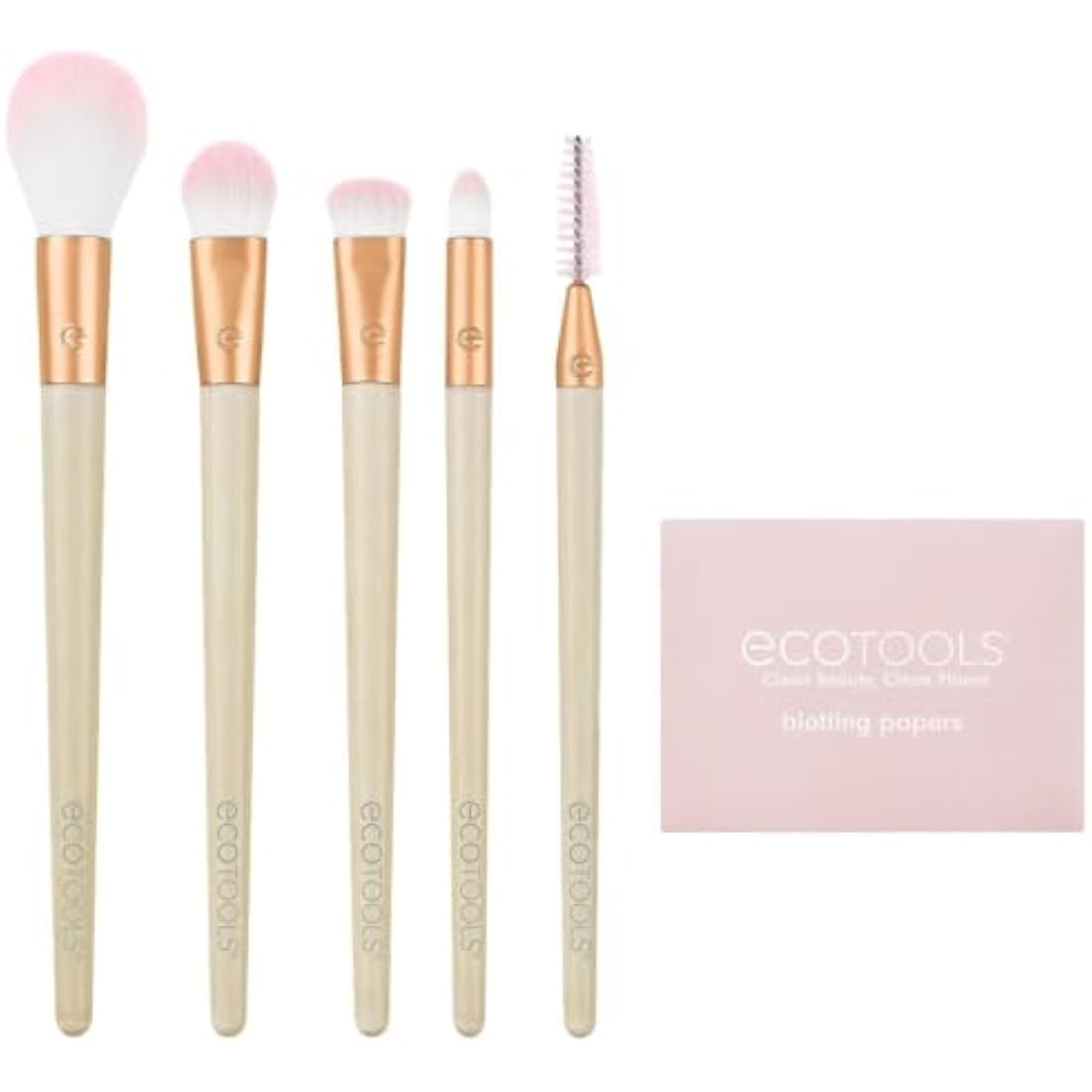 EcoTools Limited Edition Starry Glow Makeup Brush Kit, Eye, For Shadows, Liner, and Highlighter, Blotting Papers Excess Oil, Stocking Stuffer, 6 Piece Gift Set, Cream