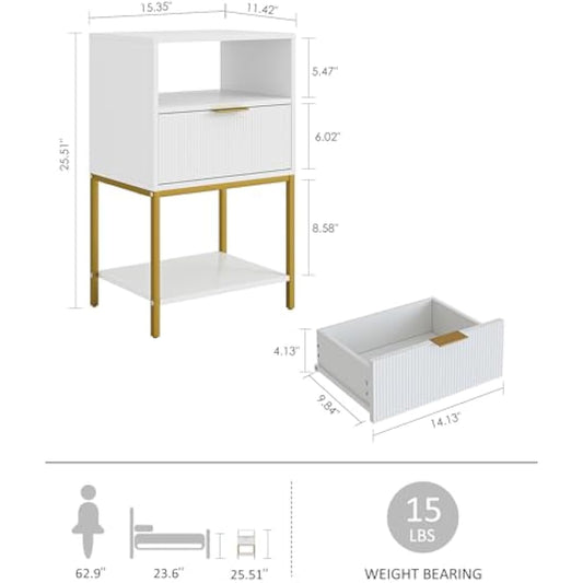 HEYZOEY Bedside Table, Small Bedside Cabinet with Drawer and Storage Shelf, 25.4" H Tall Nightstand End Sofa Side Table with Gold Frame for Bedroom, Living Room, White