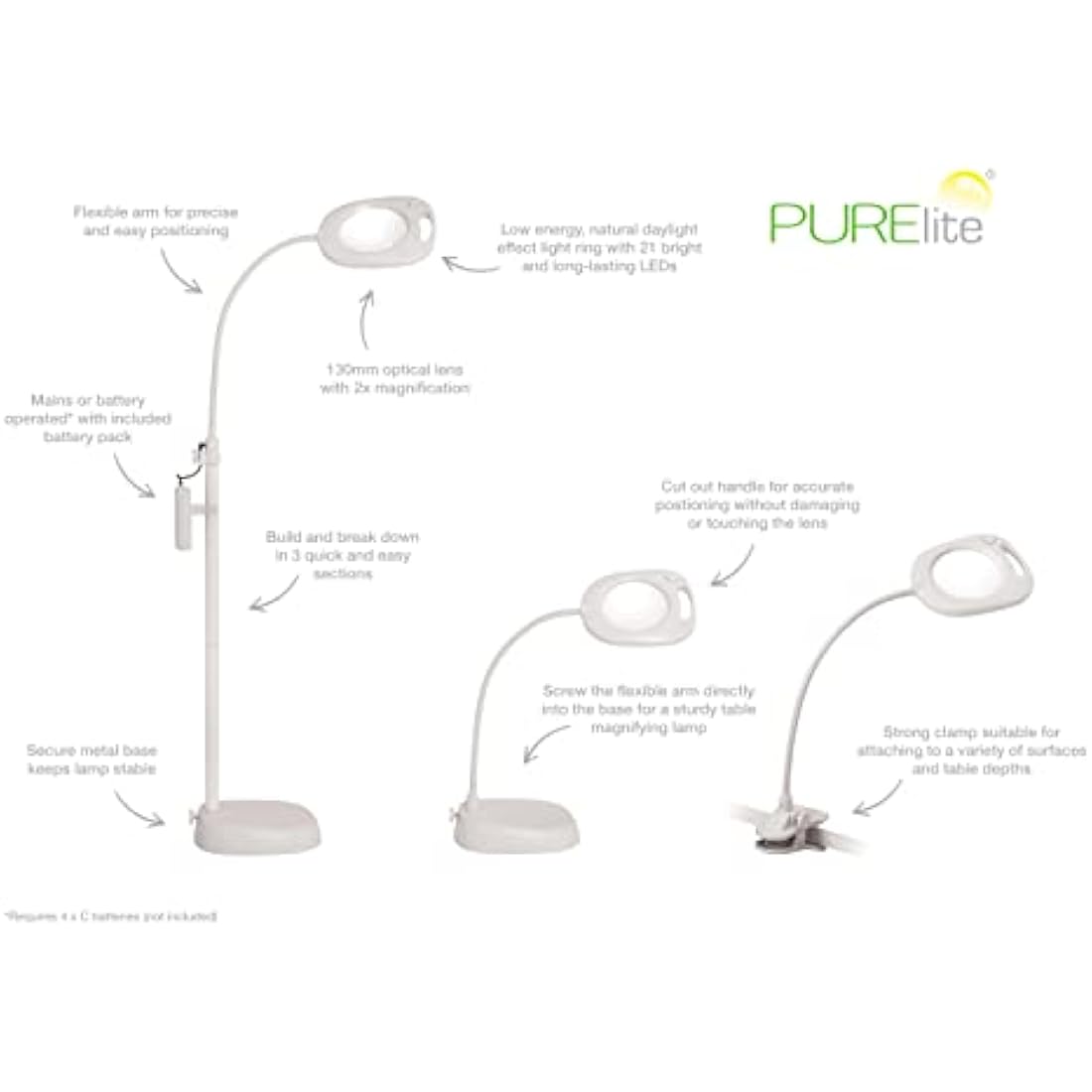 PURElite Magnifying LED Floor Lamp – 3in1 Lamp, Table Lamp & Clip-on Light, Natural Daylight Bulbs, Dimmer Switch, Adjustable Flexi Neck, For Needlework, Sewing, Crafting, Reading