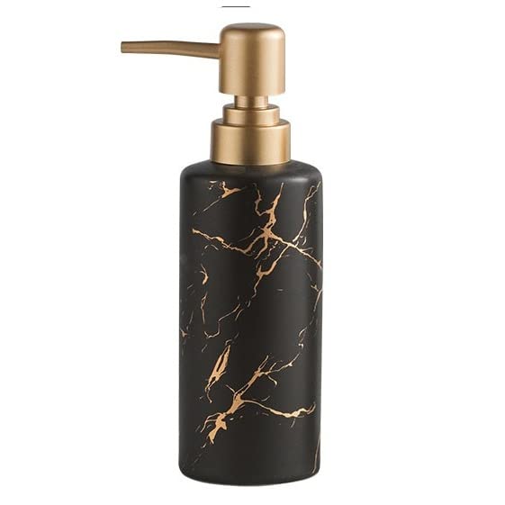 Gold Soap Dispenser for Bathroom or Kitchen, Skinny Ceramic Lotion Bottle with Marble Pattern, Rust-Free Pump (Black)