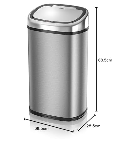 Tower T80901 Stainless Steel Kitchen Bin with Sensor Lid, Automatic Soft-Close, Manual Override, 58 Litre, Silver