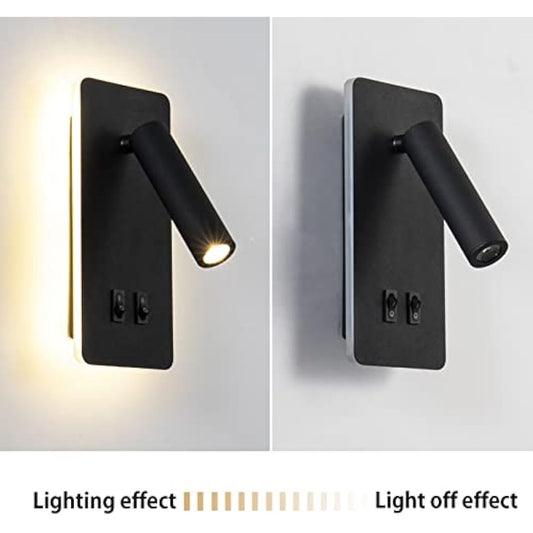 uksunvi LED Wall Mounted Lamp,Bedside Reading Wall Light,12W LED Wall Lamp, Adjustable Spotlight (3W +9W 3000K Warm Light) (2PCS Black Rectangular)
