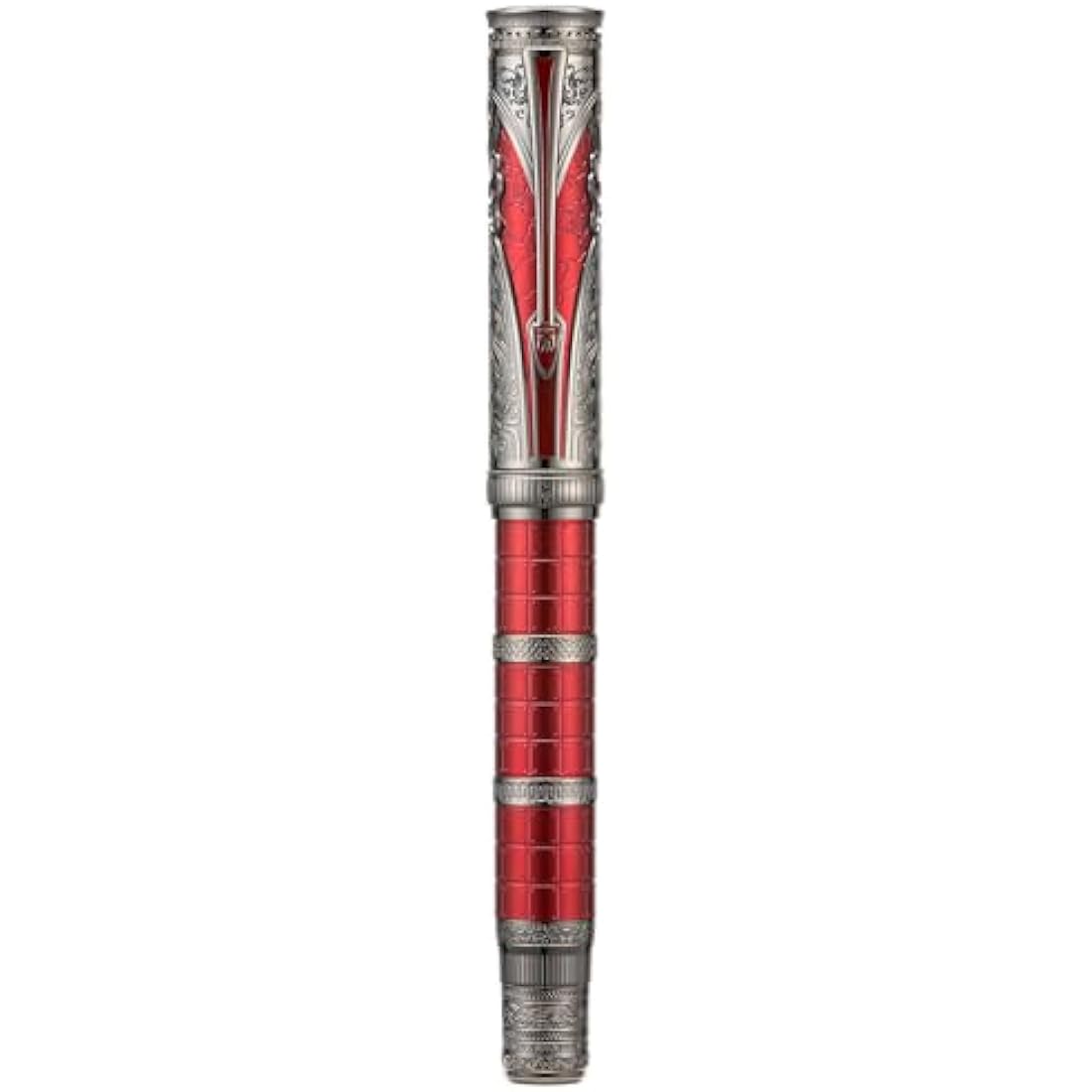 Hongdian D5X Fountain Pen Red Color Extra Fine Nib, Qin Dynasty Retro Chinese Totem Engraving Smooth Writing Pen with Converter and Pen Box Set