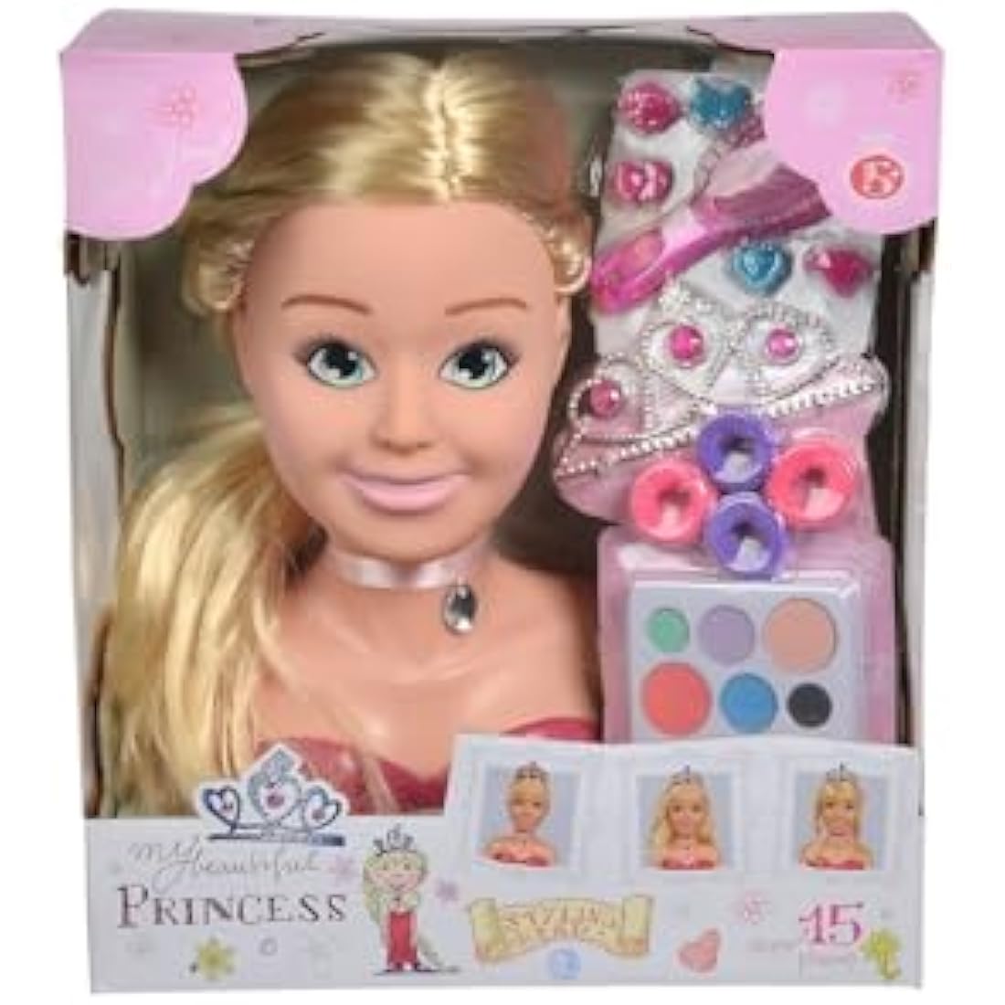 Simba 105560177 - Steffi Love Girls Princess Make-Up & Hairdressing Head, Styling Head with Make-Up, 5 x Hair Clips, 4 x Hair Bobbles, Brush and Princess Tiara, Over 15 Pieces, 26 cm, from 5 Years