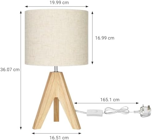 EDISHINE Bedside Lamps Set of 2, Wood Bedside Table Lamp, Tripod Desk Lamp with Beige Linen Lampshade, On-Off Switch, Desk Lamps for Living Room, Bedroom, Office, E27 Base, Linen