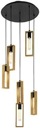 Eglo Littleton Pendant lamp, 6-Light Vintage Pendant lamp in Industrial Design, Retro Hanging lamp Made of Steel and Wood, Colour: Black, Brown, Socket: E27