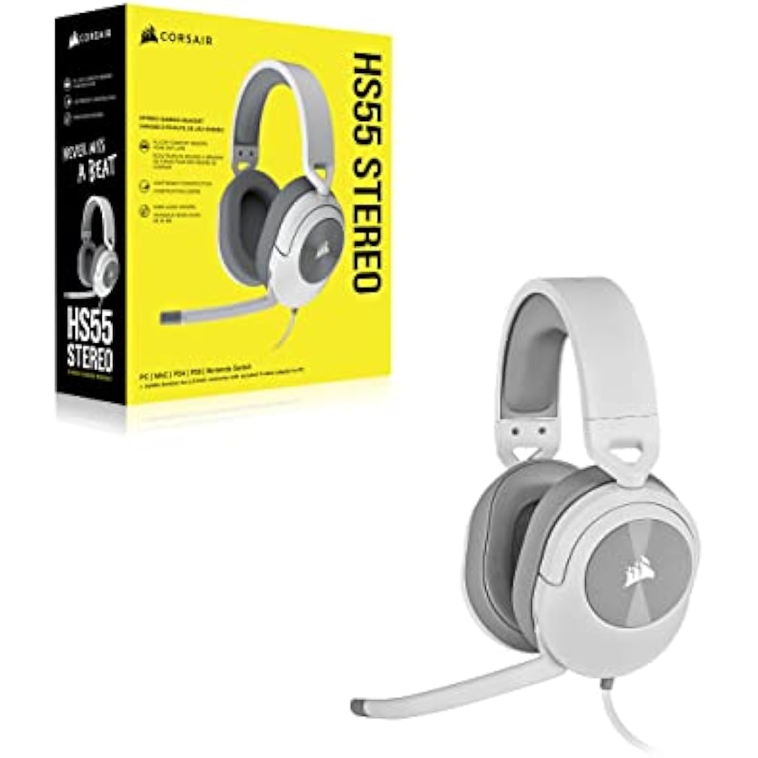 CORSAIR HS55 STEREO Lightweight Wired Gaming Headset – Omni-Directional Microphone – Neodymium Drivers – PC, Mac, Xbox, Nintendo Switch, Mobile – White