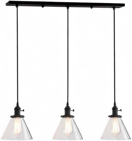 PathsOn Industrial Vintage 3 Lights Fittings Ceiling Chandelier Cone Clear Glass lampshade Hanging Pendant Lamp Fixture (Black)