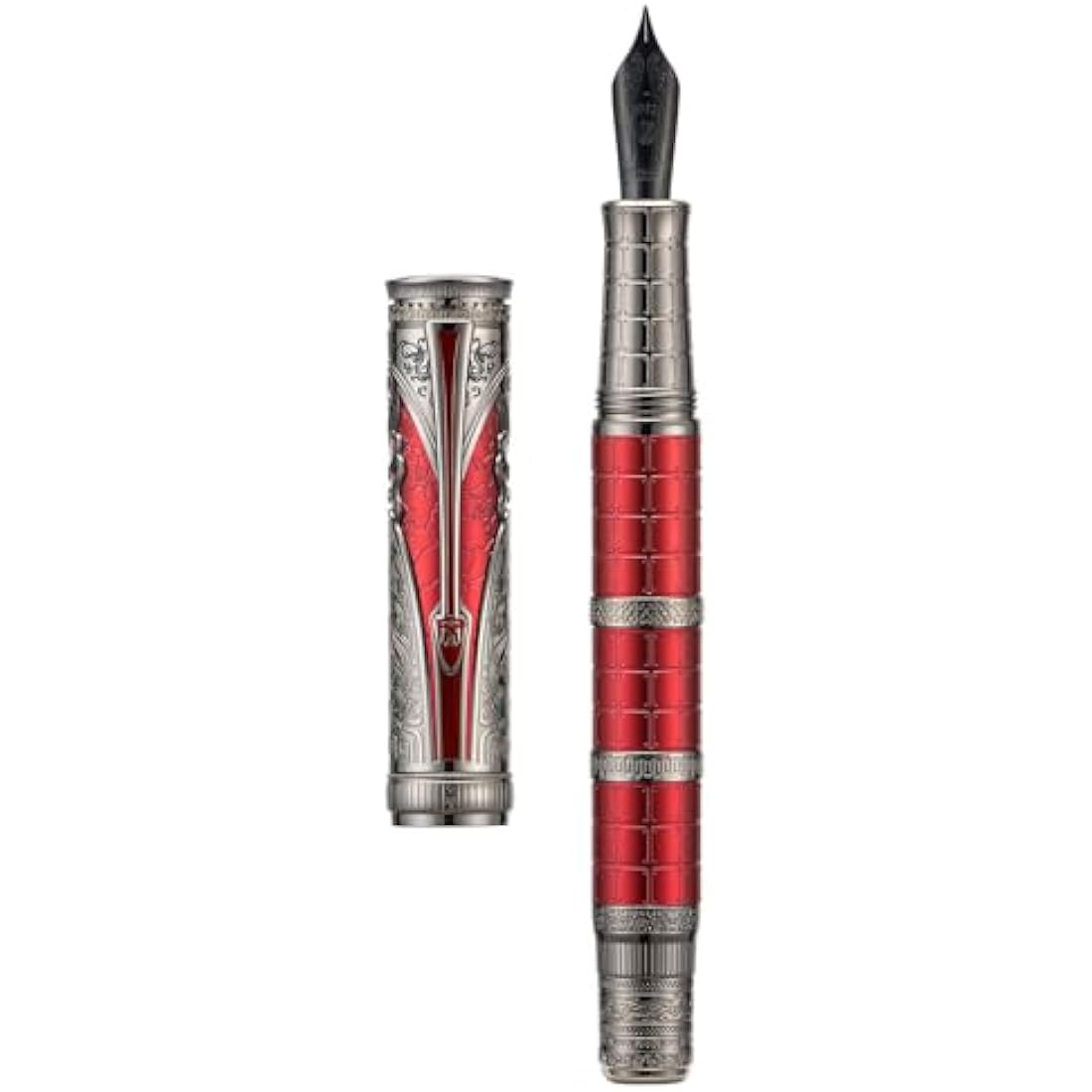 Hongdian D5X Fountain Pen Fine Nib Red Color, Qin Dynasty Retro Chinese Totem Engraving Smooth Writing Pen with Converter and Pen Box Set