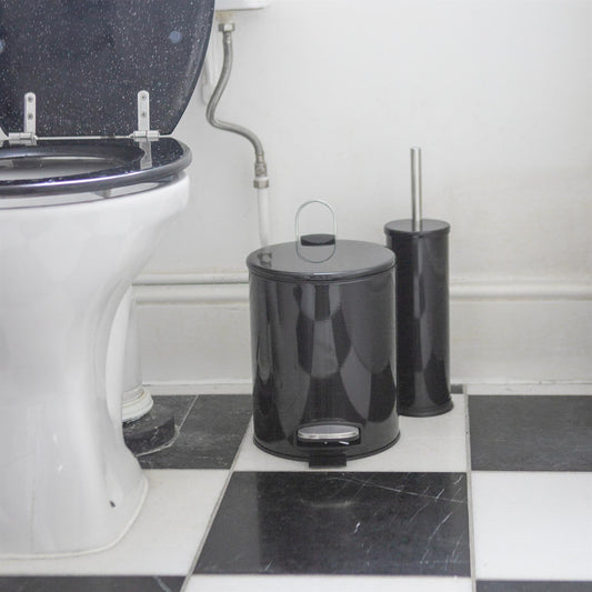 2pc 5L Black Round Stainless Steel Pedal Bin & Toilet Brush Set
