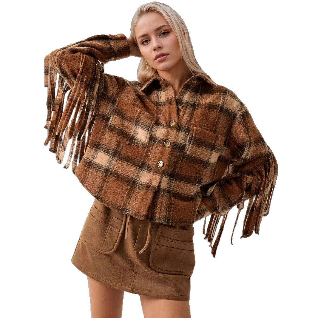 New French Style Retro Plaid Slit Opening Tassel Coat