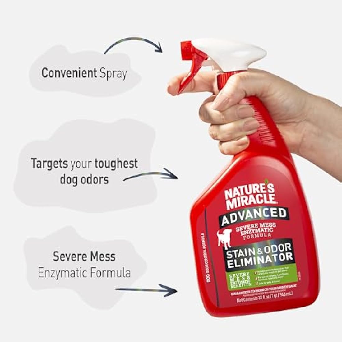 Nature's Miracle Advanced Stain and Odor Eliminator Dog, Fresh Scent, Severe Mess Enzymatic Formula For Tough Pet Messes, 32 Ounces