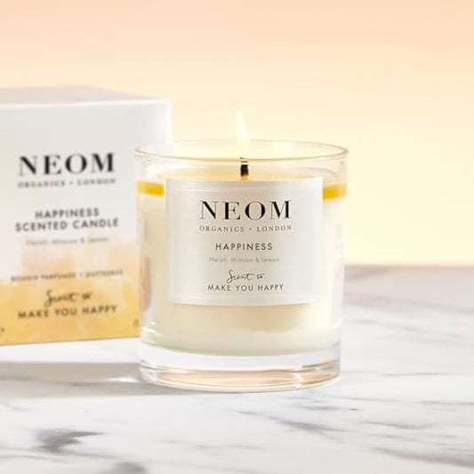 Neom Happiness Scented Candle, 1 Wick | Essential Oil Aromatherapy Candle | Neroli, Mimosa & Lemon | Scent to Make You Happy,White,185 g (Pack of 1),1101170