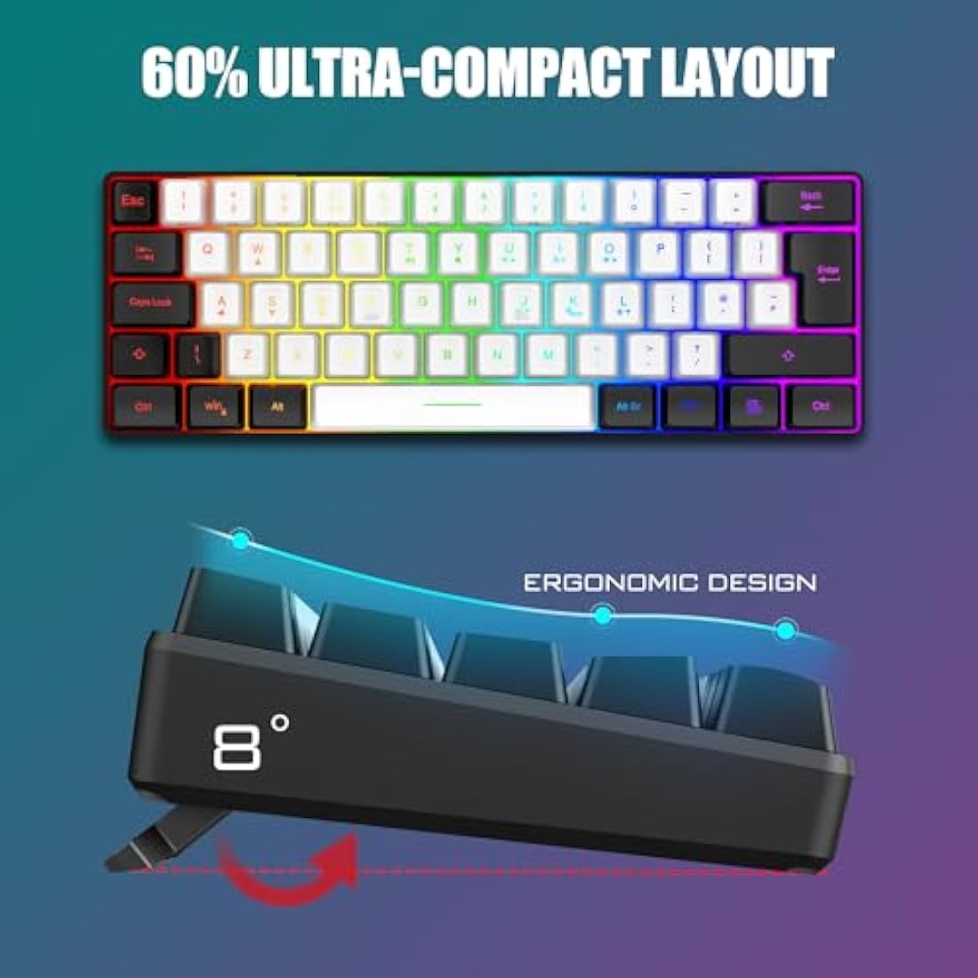 RedThunder 60% RGB Gaming Keyboard and Mouse Combo,UK Layout Ultra Compact Backlit Mini Keyboard, Lightweight 7200 DPI Cellular Optical Mouse, Portable Wired Gaming Set for PC PS5 Gamers(White-Black)