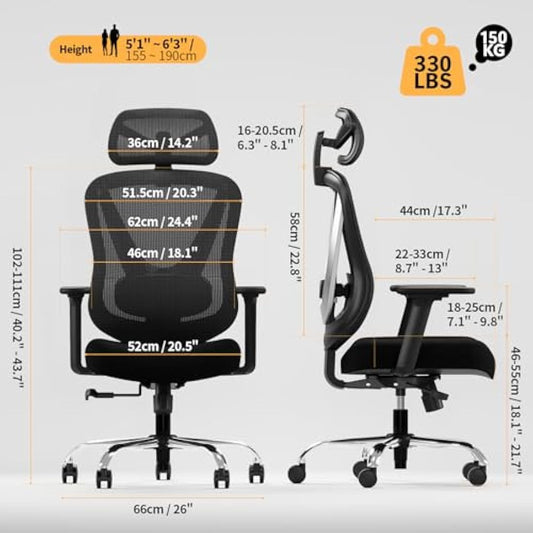HOLLUDLE Ergonomic Office Chair with 3D Lumbar Support & 3D Adjustable Armrests – V-Back Design, Comfortable Desk Chair for Office & Home, Black