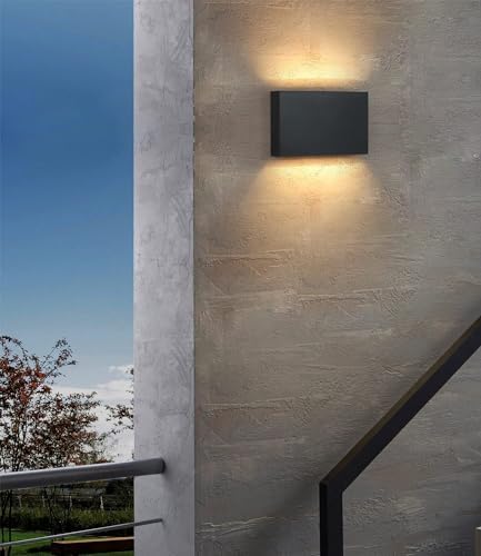 DAWALIGHT Up Down Outside Lights 12W 3000K Warm White LED Outdoor Wall Lights Mains Powered IP65 Waterproof Rectangle Modern Wall Lamp for Patio Garden Living Room Porch, Plastic, Dark Grey