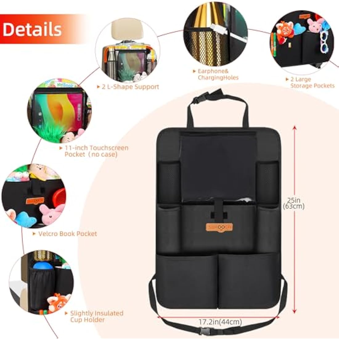 SURDOCA Car Organiser Car Seat Organiser - 4th Generation Enhanced Car Organiser Back Seat for up to 11-inch Tablet Holder, 8 Pockets, Kids Toy Storage, Water Proof Back Seat Protector for Kids