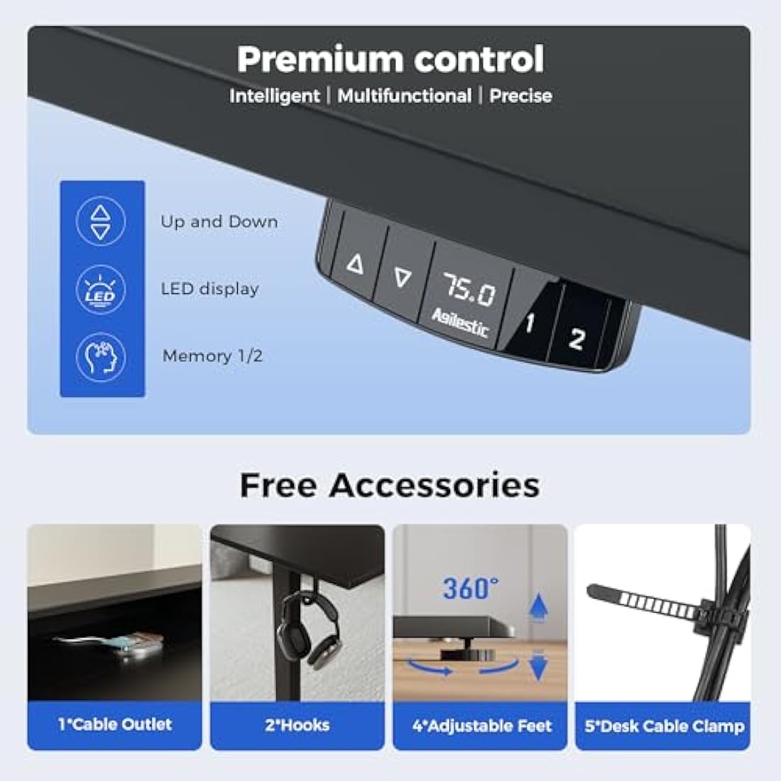 Agilestic Height Adjustable Desk with Two Drawers, 120 x 60 cm Electric Computer Desks with Memory Function, Sit Stand Desk, Black