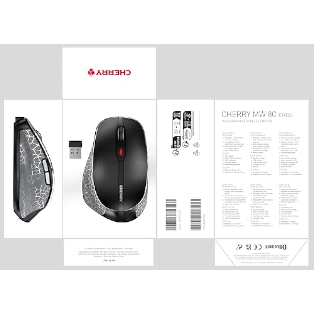 CHERRY MW 8C ERGO, Wireless Mouse with Ergonomic Thumb Rest for Right-Handers, Bluetooth or 2.4 GHz RF Connection, Rechargeable, Black