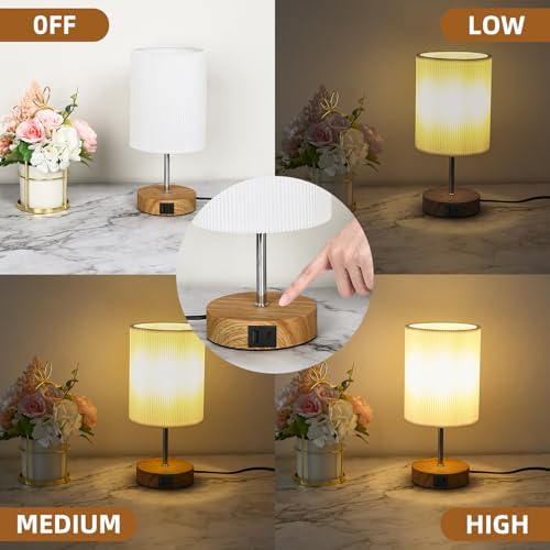 Aomeya Touch Bedside Table Lamp, Dimmable Touch Control Nightstand Lamps with USB-C&USB-A Charging Ports,with White Fabric Shade for Bedroom Living Room Office,Dimmable Bulb Included