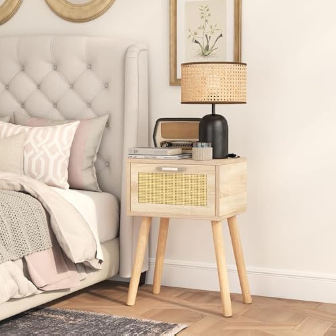 YMYNY Nightstand Set of 2, End Table, Small Bedside Table, Handmade Rattan Decorated Drawer, Solid Wood Legs, 35×27×53cm, Modern Side Table for Bedroom, Living Room, Natural HST010N-2