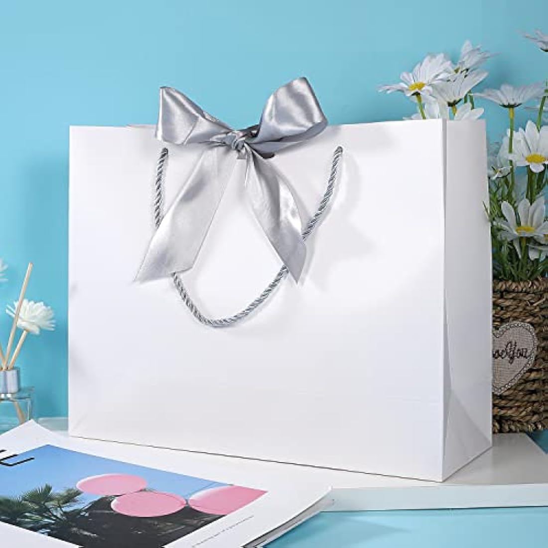 10 Pcs White Gift Bags with Silver Bow Ribbon, Paper Party Favor Bag with Handles Gift Bags Large for Wedding Graduation Birthday Party Celebration Present Bags, 12.5x10x4.3 Inches
