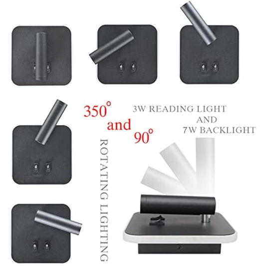 uksunvi LED Wall Mounted Lamp,Bedside Reading Wall Light,12W LED Wall Lamp, Adjustable Spotlight (3W +9W 3000K Warm Light) (Black Square)