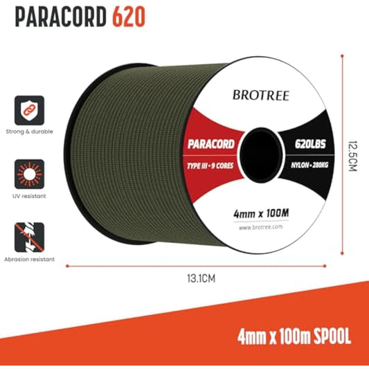 Brotree Paracord 4mm 100M 9 Strands 100% Nylon Rope Type 3 Parachute Cord for Outdoor, Bracelet, DIY - 280kg Breaking Load (Army Green)