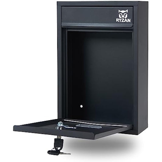 RYZAN Wall Mounted Mailbox Steel Postbox Modern Delivery Letterbox For Outside With Nameplate Easy To Install Lockable Weatherproof Large Letter Post Mail 8.5 x 21.5 x 32 cm Outdoor With Keys, Black