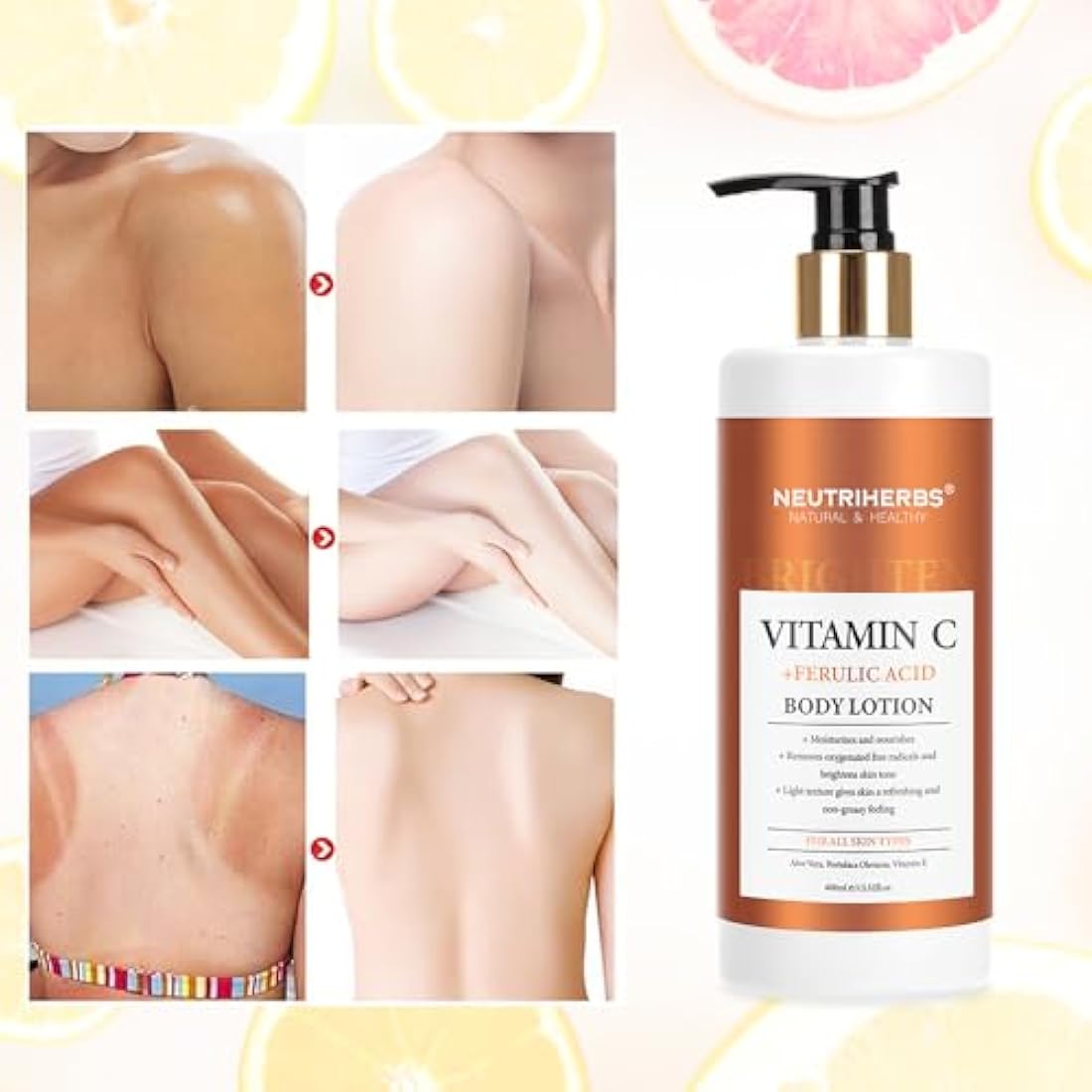 Neutriherbs Body Lotion for Women Dry Skin with Vitamin C + Ferulic Acid Natural Body Lotion Moisturizes and Nourishes for All Skin Types 13.52 Fl Oz Pump Bottle