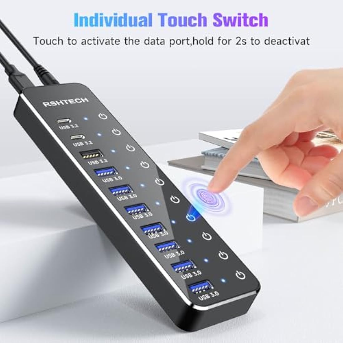 RSHTECH Powered USB-C Hub 3.2, 10-Port USBC Hub with 3x 10Gbps USB 3.2 Data Ports (2C+1A), 7x USB-A 3.0 5Gbps Splitter and 12V/5A (60W) Power Adapter, RSH-ST10C