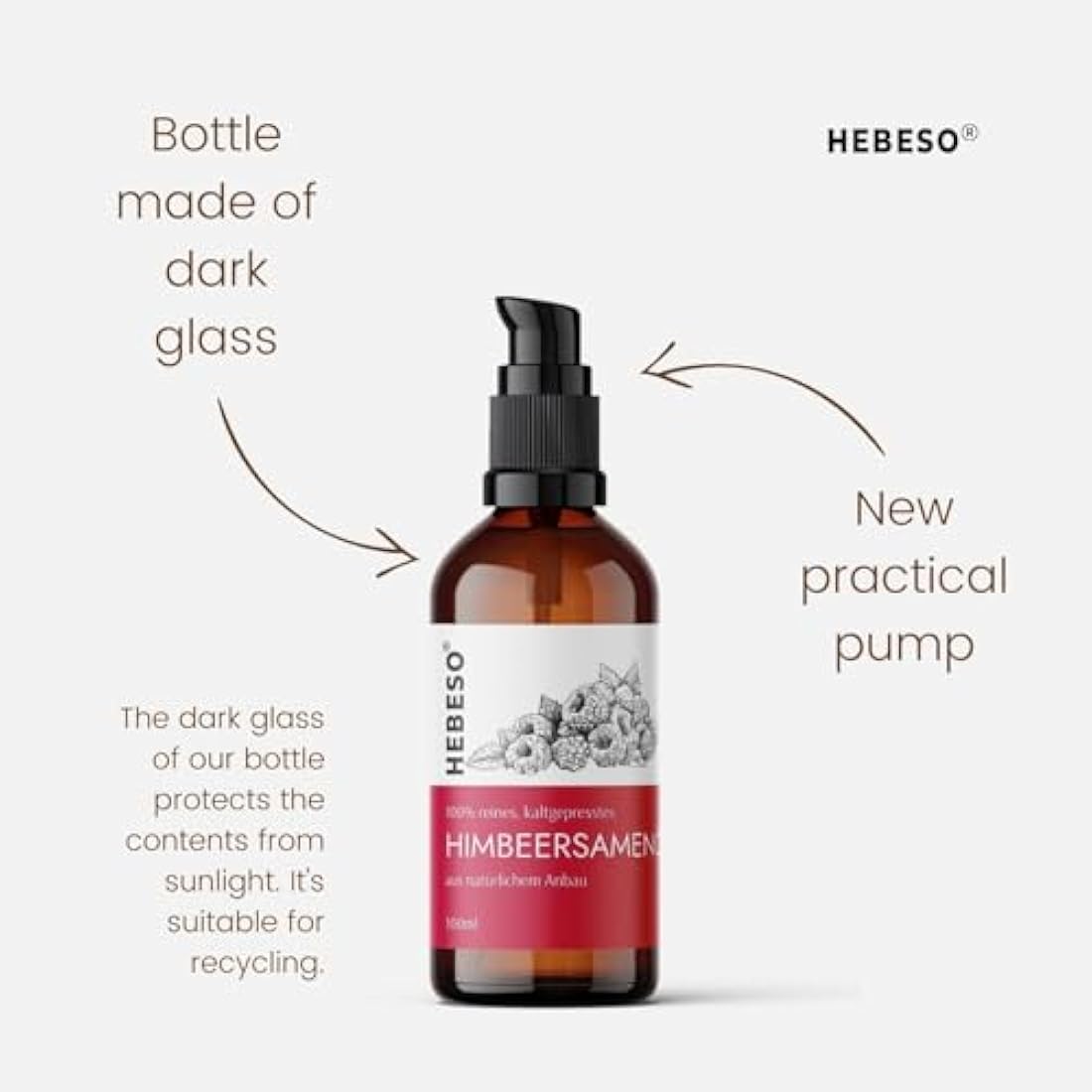 HEBESO - Raspberry seed oil 100% - Cold-Pressed 100ml - Anti-aging, nourishing, rich in vitamins A/E, EFAs - Treats wrinkles, fine lines, dry skin - Face care