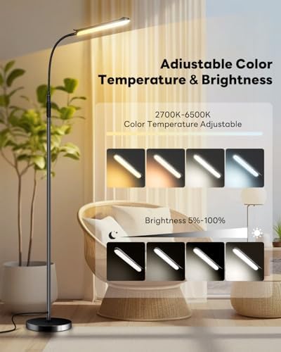 VARICART LED Floor Lamp 18W 1800LM, Dimmable Adjustable Standard Lights for Living Room, Remote Control Portable Standing Touch Lamp with 4 Color Temperature, 1 Hour Timer for Reading Bedroom Office