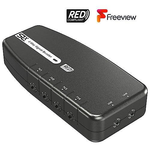 SLx TV Signal Booster Aerial Amplifier, 4 Way Signal Distribution Amplifier with Coax Connections, 4G & 5G Filtering, Indoor TV Aerial, HD & 4K TV/FM/DAB & Freeview, Variable Gain Control