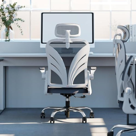 HOLLUDLE Ergonomic Office Chair with Foldable Backrest, Computer Desk Chair with Flip-up Armrests, Mesh Lumbar Support and 2D Headrest Big and Tall Office Chair, White (Folder2-GR)