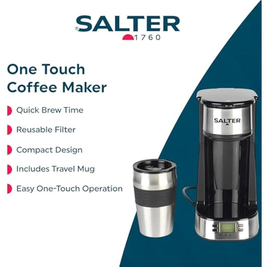 Salter EK2732 Personal Coffee Machine - One Cup Filter Coffee Maker, Includes 420ml Stainless Steel Travel Mug, Removable & Washable Filter, Quick Brew In 3-4 Mins, Compatible With Ground Coffee, 750W