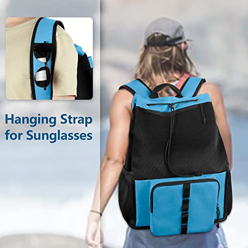 Fasrom Mesh Beach Backpack with Zipper Bottom, Sport Gym Backpack for Swimming, Beach, Pool and Travel(Patent Pending), Blue
