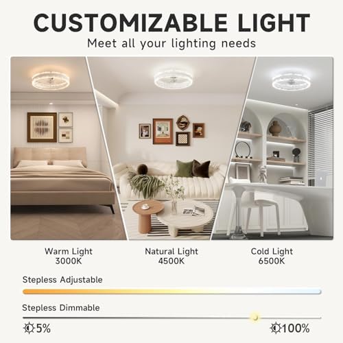VOLISUN Ceiling Fans with Lights and Remote, 40cm Modern Smart LED Ceiling Fan Light, 6 Speeds and 3000K-6500K Dimmable Quiet Fan Ceiling Lights for Bedroom Living Room Dining Room (White)
