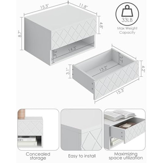 HEYZOEY Floating Bedside Table, Small Modern Nightstand With Drawer, Shelves for Bedroom, Bathroom, White Diamond