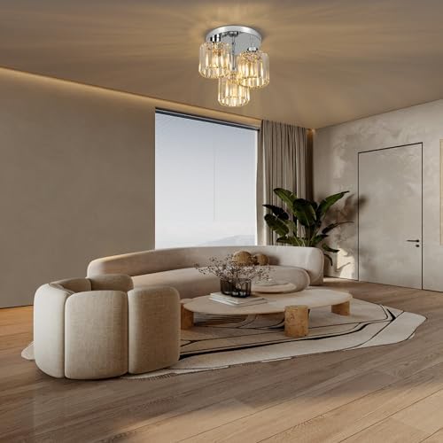 FORCOSO Ceiling Light 3 Lights, Modern Light Shade Crystal Light Fitting, Semi Flush Chandelier Lampshade, E27 Lighting Fixture for Living Room Bedroom Hallway Kitchen Dining Room Foyer Chrome