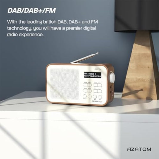 DAB/DAB+ & FM Portable Digital Radio | Simple Controls | Dual Alarms & Sleep Timer | Battery & Mains Powered (4x”AA”) | Bluetooth | Perfect for Home, Office or Outdoors | AZATOM Desire X2 (Walnut)