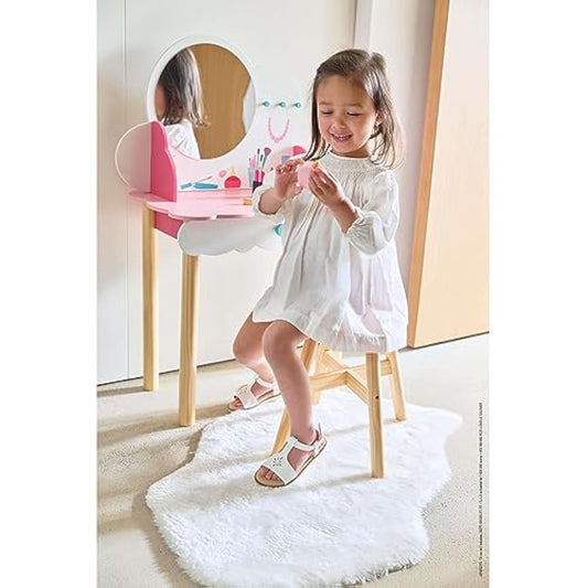 Janod - P'tite Miss Wooden Dressing Table for Children - 10 Accessories Included - Pretend Play - For children from the Age of 3, J06553, Pink and White