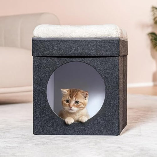 Bonlife Cat Beds for Indoor Cats,Foldable Large Felt Cat House for Winter with Two Move Cushion,Warm Comfortable Dog Bed,Dark Grey 45X45X50CM