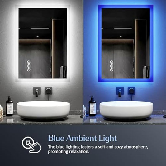 EMKE Bluetooth Bathroom Mirror with Shaver Socket, 450 x 600 mm Blue Atmosphere Illuminated Bathroom Mirror with 3 Color Tone, Dimmable, Memory Function, Demister Wall Mounted Bathroom Vanity Mirror